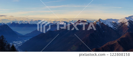 Snowy Village in Mountain Valley at Dusk, Piani di Bobbio, Italy Snowy Village in Mountain Valley at Dusk, Piani di Bobbio, Italy 122808158