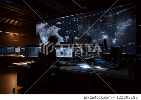 Monitoring global data from a high-tech control center at night with digital maps and screens displaying information 122808188