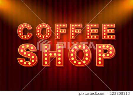 Coffee shop sign with glowing light bulbs on red curtain background 122808513