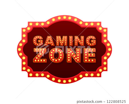 Illuminated gaming zone sign with glowing light bulbs is inviting players Illuminated gaming zone sign with glowing light bulbs is inviting players 122808525
