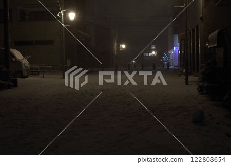 Winter in Japan: Heavy snow in the city, street lights in the cityscape 122808654