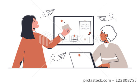 Business team brainstorming. Successful teamwork workflow, office workers discussion and presentation flat vector illustration. Office business people scene 122808753