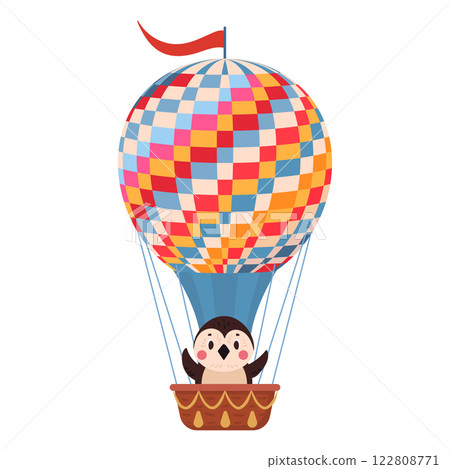 Penguin flying on hot air balloon. Cartoon retro air transport with cute penguin on board, childish flat vector illustration. Flying hot air balloon with animal 122808771