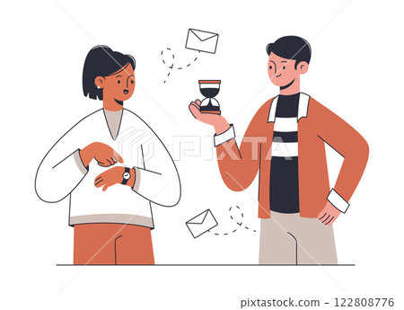 Time management concept. Business people do work on time, successful teamwork workflow flat vector illustrations. Business team workflow scene 122808776