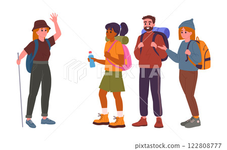 Tourist characters. Hiking active people in outdoor adventure, folks on hike, people hiking on trail flat vector illustration. Trekking and backpacking activity 122808777