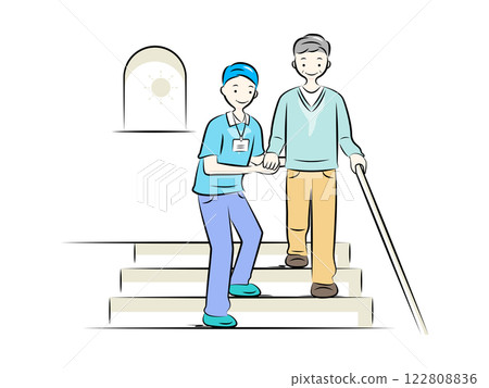 Caregiver helping an elderly man go up and down the stairs | Caregiving Series 122808836