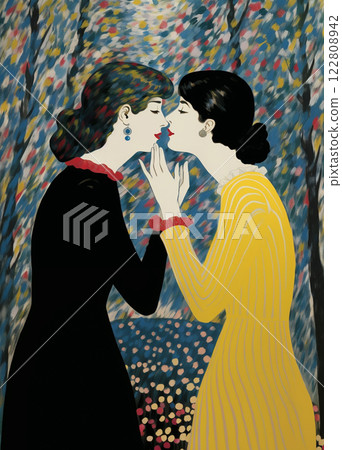 Two Elegant Women Stand Close Together in an Intimate Moment About to Share a Kiss 122808942