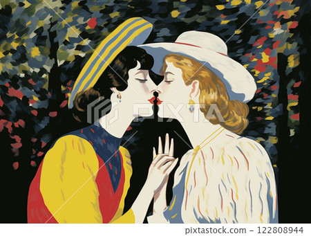 Two Elegantly Dressed Women Lean in With Their Eyes Closed to Kiss Each Other Two Elegantly Dressed Women Lean in With Their Eyes Closed to Kiss Each Other 122808944