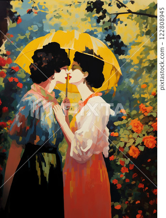 Two Elegantly and Brightly Dressed Women Stand Under a Yellow Umbrella and Share an Intimate Moment, in Anticipation of a Kiss 122808945