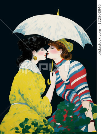 Two women reaching for each other's lips for a kiss under a white umbrella Two women reaching for each other's lips for a kiss under a white umbrella 122808946