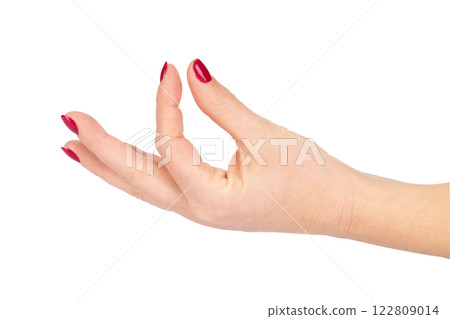 Female Hand with Red Manicure in Gentle Pinch Gesture on White Background 122809014
