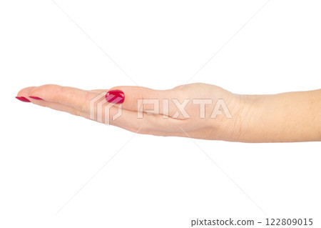 Female Hand with Red Manicure in Open Palm Gesture on White Background 122809015