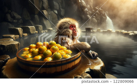 Japanese monkeys taking a yuzu bath in a hot spring 02 "AI generated image" 122809066