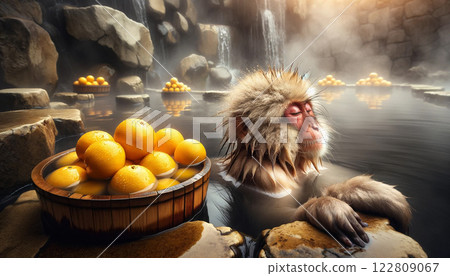 Japanese monkeys taking a yuzu bath in a hot spring 01 "AI generated image" 122809067