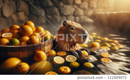 Capybara bathing in yuzu bath 01 "AI generated image" 122809072