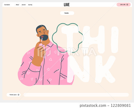 Thinking people, modern flat vector concept illustration- man standing thoughtfully, looking upwards, bubble near his head Metaphor for reflection, analysis, introspection, contemplation, deep thought 122809081