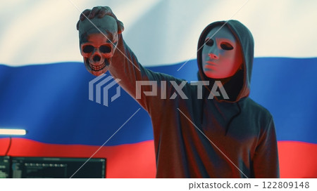 Russian cyber criminal with anonymous mask and hood holding a skull, making death threats and asking for ransom. Dangerous evil person symbolizing cyber threats and cyberterrorism. Camera A. Russian cyber criminal with anonymous mask and hood holding a skull, making death threats and asking for ransom. Dangerous evil person symbolizing cyber threats and cyberterrorism. Camera A. 122809148