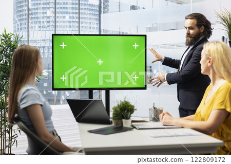 Financial adviser conducting audit of clients income, doing presentation on isolated screen to help them build saving habits. Consultant using large mockup display to show investing tips 122809172