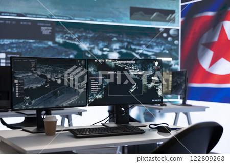Armed forces military control center showing the North Korea flag, inflicting fear and propaganda among the population. Secret service spreading fake news for communism ideology. 122809268