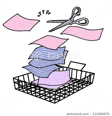 An illustration of cutting cloth with scissors to make a rag 122809876