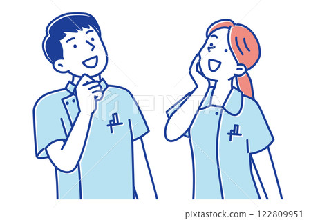 Illustration of a young male and female nurse looking diagonally upwards with a smile Illustration of a young male and female nurse looking diagonally upwards with a smile 122809951