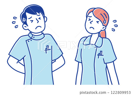 工作失敗且面帶悲傷的年輕男女護士的插圖 122809953