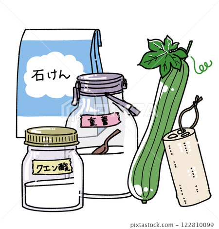 Eco-friendly detergent and cleaning tools illustration 122810099