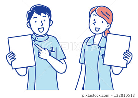 一名年輕男女護士拿著文件並解釋的插圖 122810518