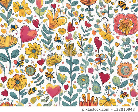 A vibrant floral pattern featuring colorful flowers, hearts, and buzzing bees, creating a cheerful and lively atmosphere. 122810948