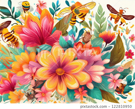A vibrant floral pattern featuring colorful flowers, hearts, and buzzing bees, creating a cheerful and lively atmosphere. 122810950