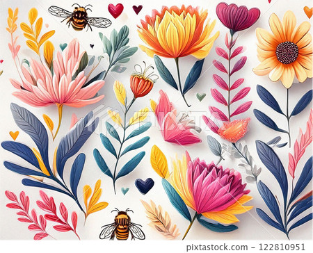 A vibrant floral pattern featuring colorful flowers, hearts, and buzzing bees, creating a cheerful and lively atmosphere. 122810951