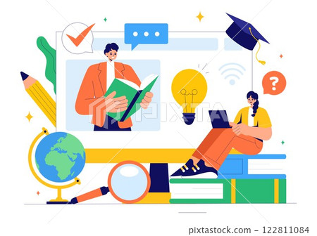 Online Education and Knowledge Books Vector Illustration Featuring People Studying with School Supplies and Learning Materials in a Background 122811084