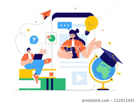 Online Education and Knowledge Books Vector Illustration Featuring People Studying with School Supplies and Learning Materials in a Background Online Education and Knowledge Books Vector Illustration Featuring People Studying with School Supplies and Learning Materials in a Background 122811091