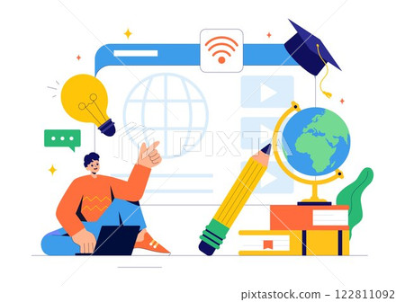 Online Education and Knowledge Books Vector Illustration Featuring People Studying with School Supplies and Learning Materials in a Background Online Education and Knowledge Books Vector Illustration Featuring People Studying with School Supplies and Learning Materials in a Background 122811092