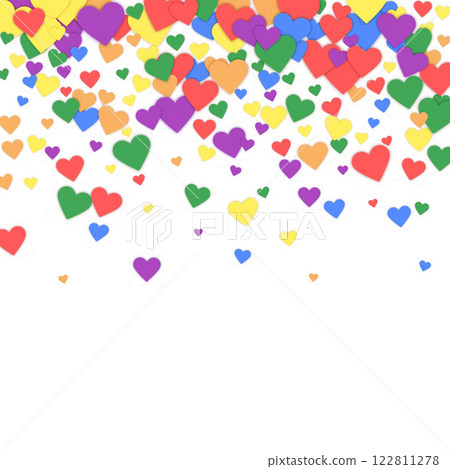 Heart confetti valentine overlay. Rainbow colored scattered hearts. LGBT valentine card. Joyfull heart confetti vector illustration 122811278