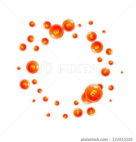 Vitamin E round capsules scattered randomly. Beauty treatment and nutrition skin care. Healthy life concept. Medical and scientific background. 122811283