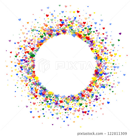 Sprinkled hearts valentine template. Rainbow colored scattered hearts. LGBT valentine card. Festive sprinkled hearts vector illustration. Sprinkled hearts valentine template. Rainbow colored scattered hearts. LGBT valentine card. Festive sprinkled hearts vector illustration. 122811309