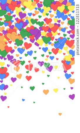 Flying hearts for valentine's day. Rainbow colored scattered hearts. LGBT valentine card. Beautiful flying hearts vector illustration. Flying hearts for valentine's day. Rainbow colored scattered hearts. LGBT valentine card. Beautiful flying hearts vector illustration. 122811318