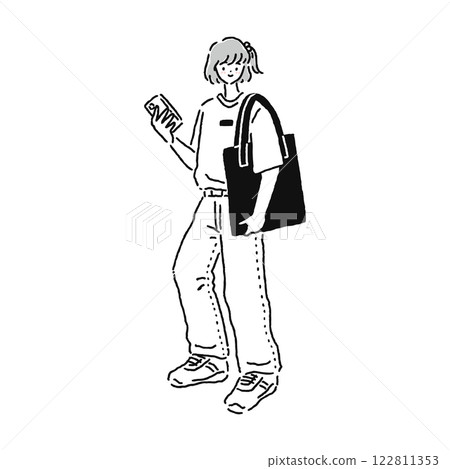 A woman standing with a smartphone A woman standing with a smartphone 122811353