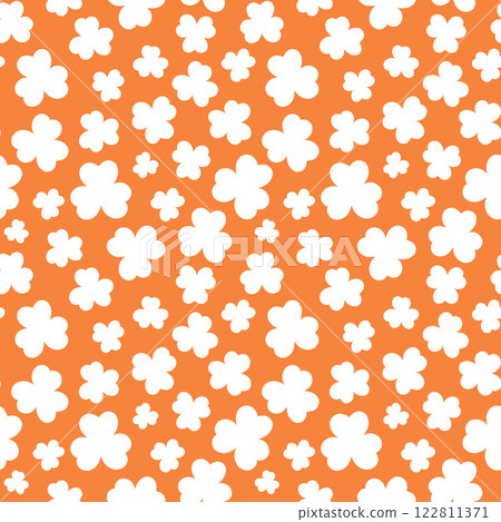 St Patricks Day pattern with shamrocks. Seamless orange background and white clover leaves. Saint Patricks March 17 holiday backdrop. Vector flat illustration 122811371
