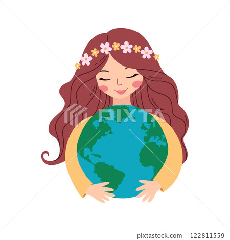 Earth day concept illustration. Girl holding the earth. Saving the planet,environment. Vector illustration for poster, banner,print,web. 122811559