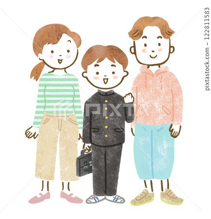 Hand-drawn illustration of a family of three: a junior high school student wearing a school uniform and his parents 122811583