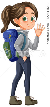 Adventurous Girl with Backpack Waving 122811643