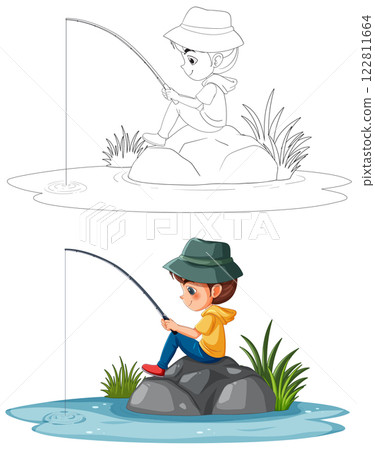 Boy Fishing by the Lakeside Boy Fishing by the Lakeside 122811664