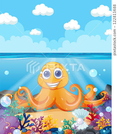 Cheerful Octopus in Vibrant Coral Reef Cheerful Octopus in Vibrant Coral Reef 122811688