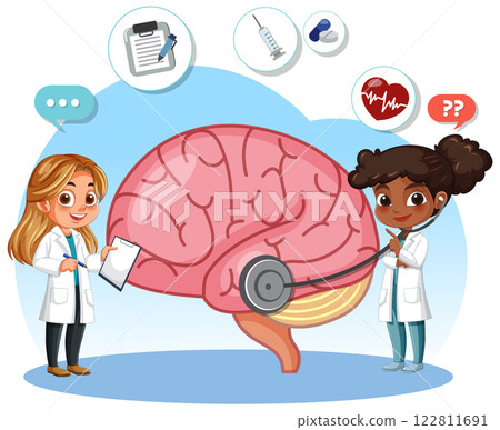 Doctors Examining Brain Health Illustration Doctors Examining Brain Health Illustration 122811691