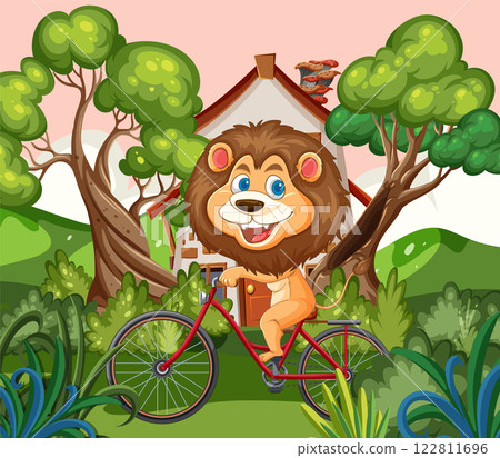 Lion Riding a Bicycle in Nature 122811696
