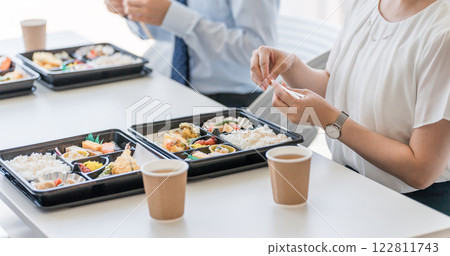 Catered lunches served at meetings, welfare benefits, catering, delivery, employee cafeteria, in-house cafe, meal outsourcing 122811743