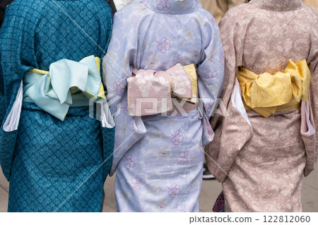 Young girl wearing Japanese kimono standing in front of Sensoji Temple in Tokyo, Japan. Kimono is a Japanese traditional garment. The word "kimono", which actually means a "thing to wear" 122812060