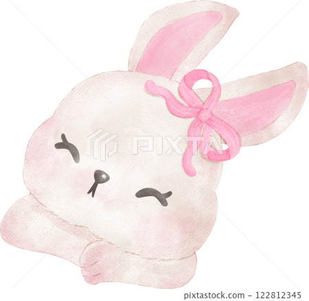 Smile  White Bunny Face with Pink  Bow Chubby Cheek Cartoon watercolor 122812345